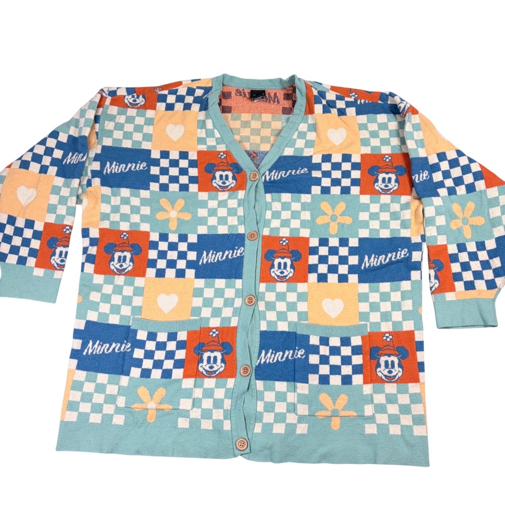 Disney Minnie Mouse Checkerboard Patchwork Knit Cardigan Sweater Teal Orange 3x